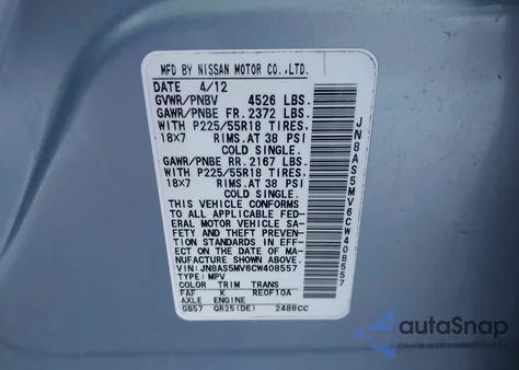 2012 Nissan Rogue Sv W/Sl Pkg from USA, damaged, VIN JN8AS5MV6CW408557